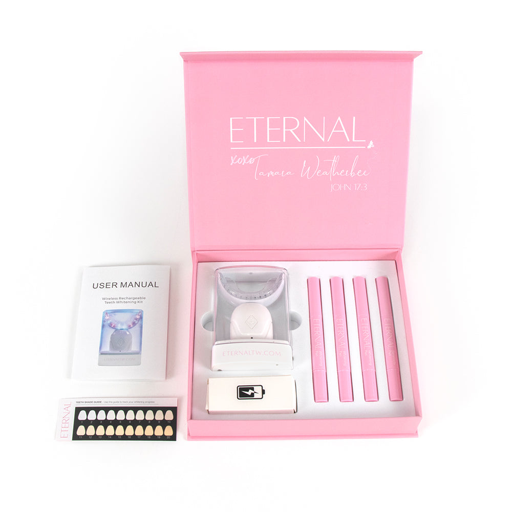 ETERNAL TEETH WHITENING KIT  Our all-in-one home teeth whitening kit has everything you need to brighten your smile. As a busy mom, Tamara Weatherbee developed this system so that anyone whiten their teeth from home with just a few minutes a day!  